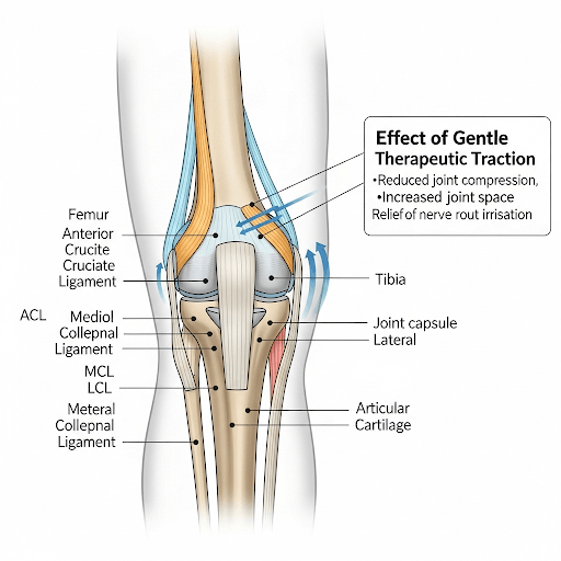 Medical diagram illustrating FDA-cleared Knee on Trac decompression therapy creating joint space for arthritis pain relief